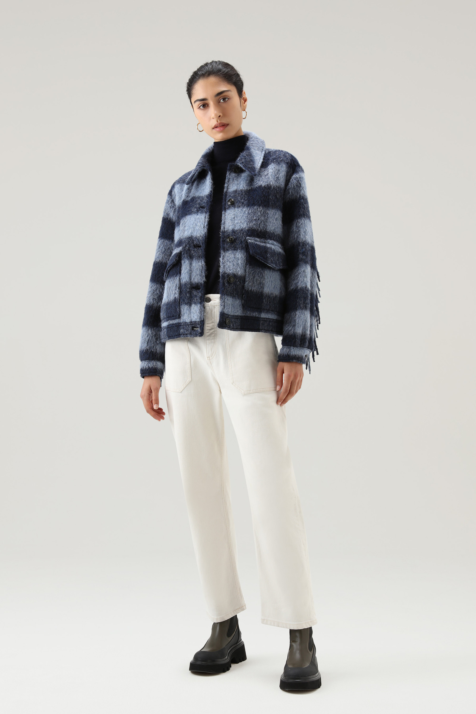 Veste chemise en mélange de laine brossée avec franges Bleu photo 2 | Woolrich