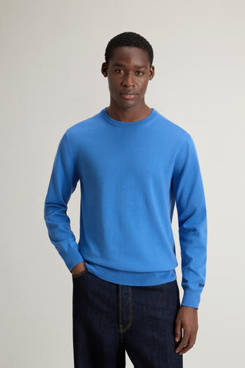 Crewneck Sweater in Pure Cotton with Embroidered Logo Blue | Woolrich