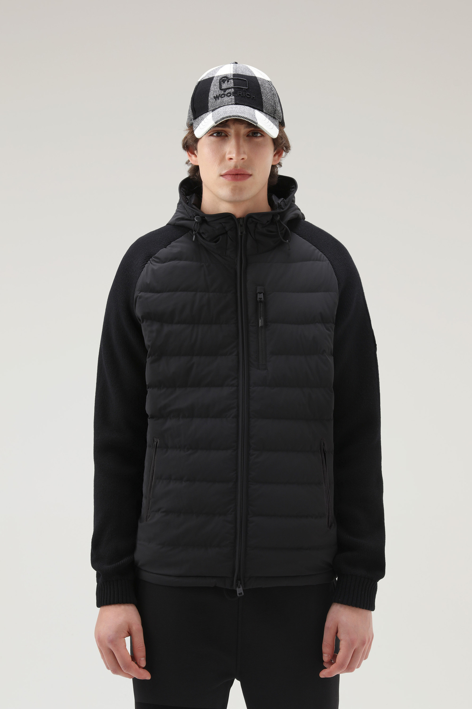 Stretch Nylon Sundance Hooded Hybrid Jacket Black | Woolrich USA
