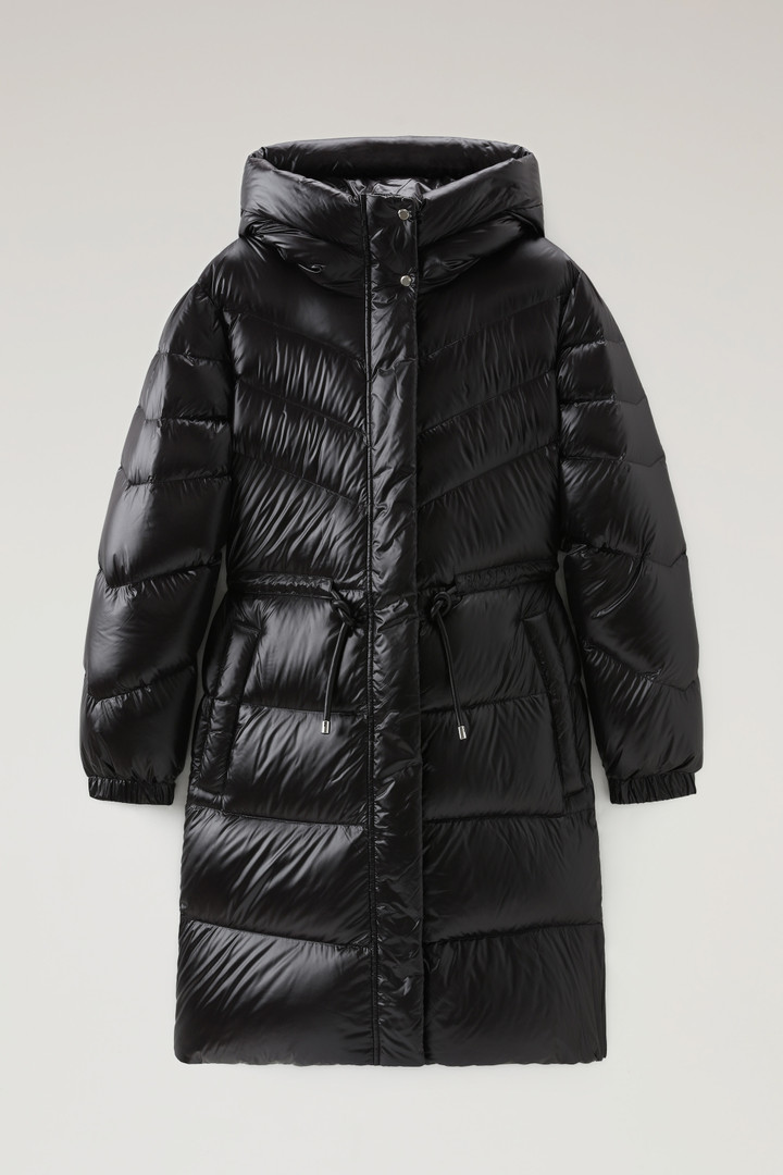 Aliquippa Long Down Jacket in Glossy Nylon with a Drawstring Waist Black photo 1 | Woolrich