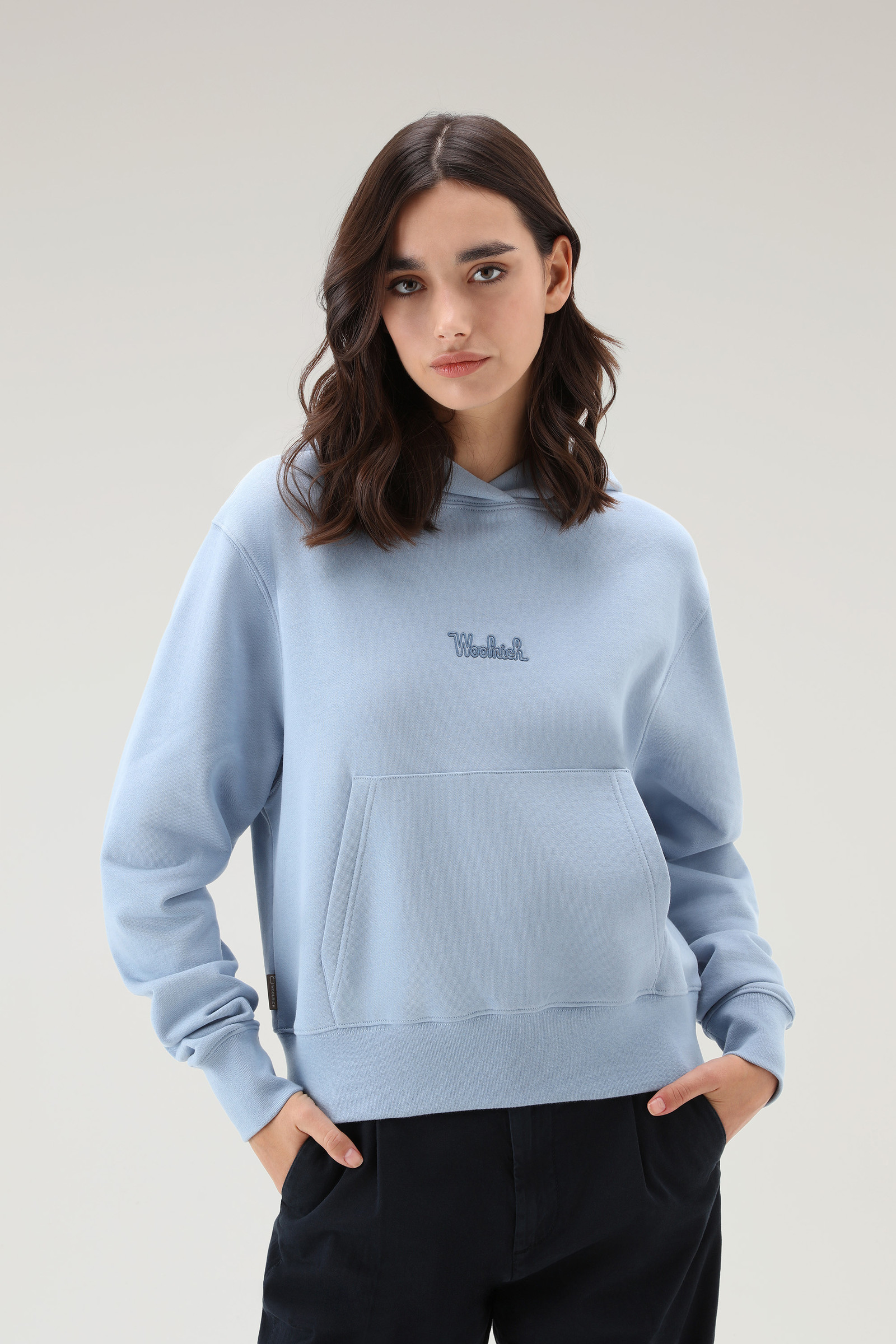 Felpa con cappuccio in puro cotone con logo ricamato blu | Woolrich
