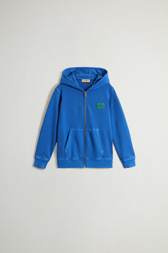 Boys’ Garment-Dyed Pure Cotton Hoodie with Zipper Blue | Woolrich