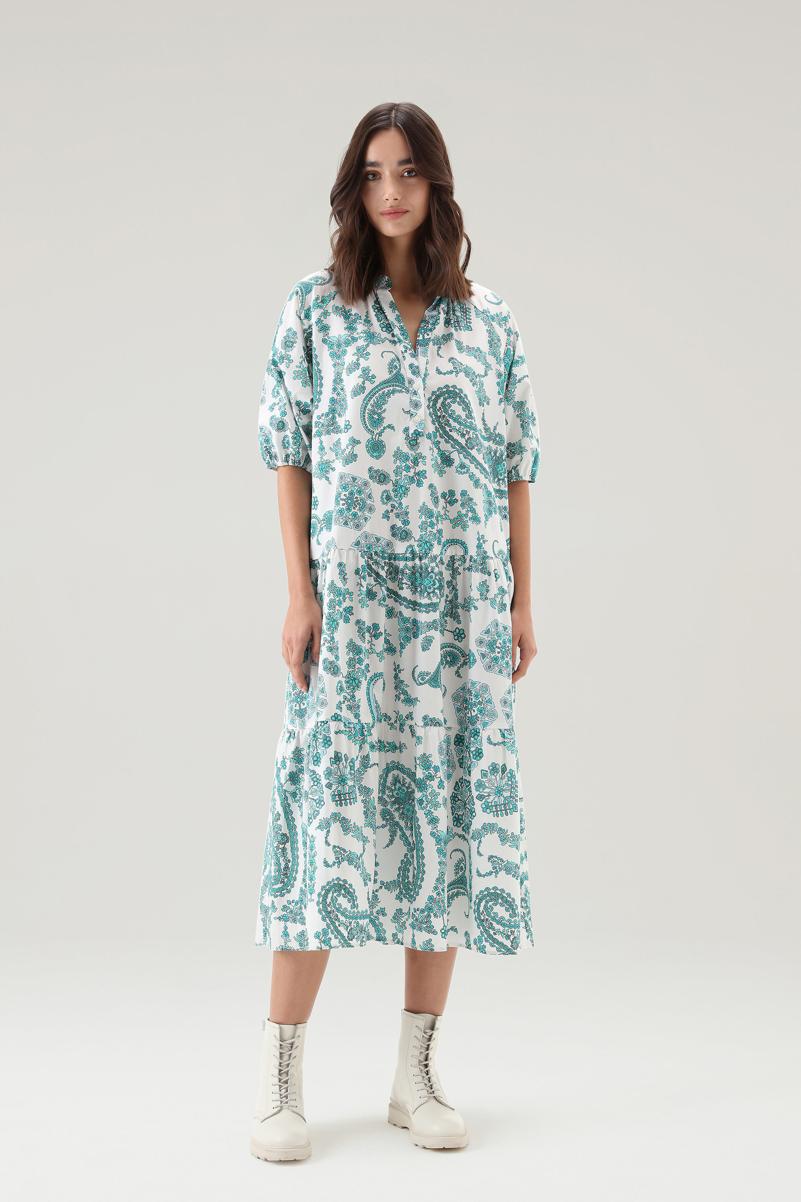 Robe à volants en popeline de pur coton bleu | Woolrich
