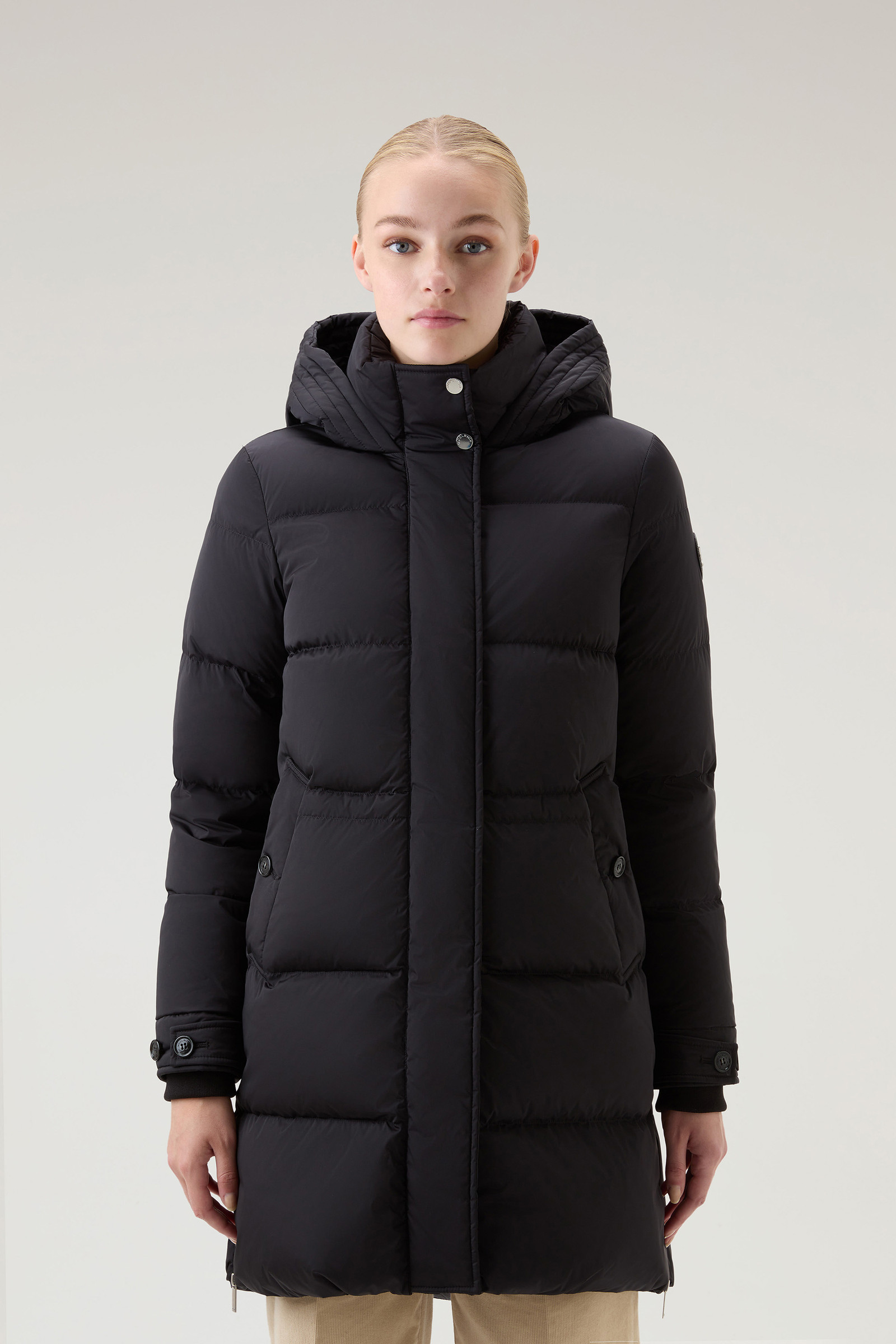 Women's Hooded Alsea Down Jacket in Stretch Nylon Black | Woolrich USA