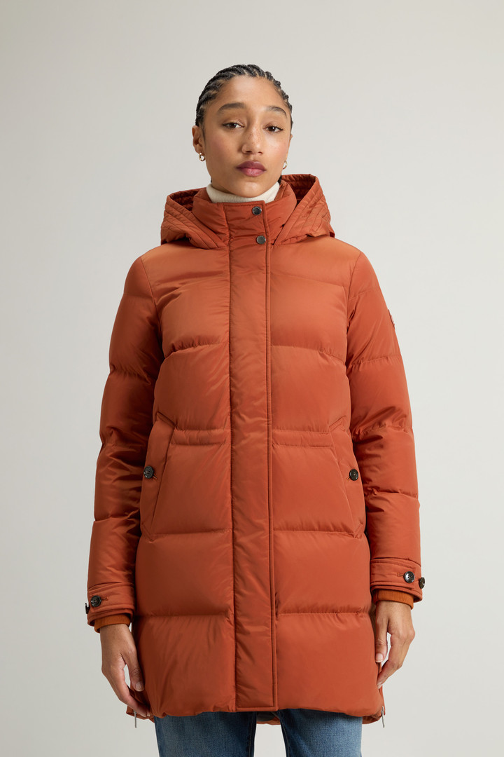 Hooded Alsea Down Jacket in Stretch Nylon Brown photo 1 | Woolrich