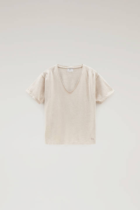 T-shirt à encolure en V en coton et lin mélangés Beige photo 2 | Woolrich