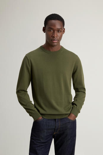 Crewneck Sweater in Pure Cotton with Embroidered Logo Green | Woolrich