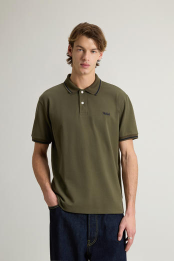 Monterey Polo Shirt in Stretch Cotton Piquet with Striped Edges Green | Woolrich