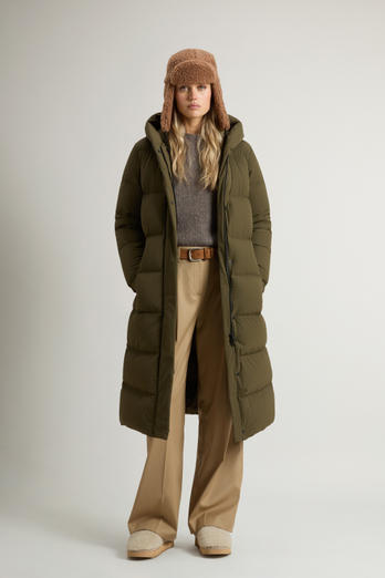 Long Cloud Down Jacket in Stretch Nylon with Matte Finish Green | Woolrich