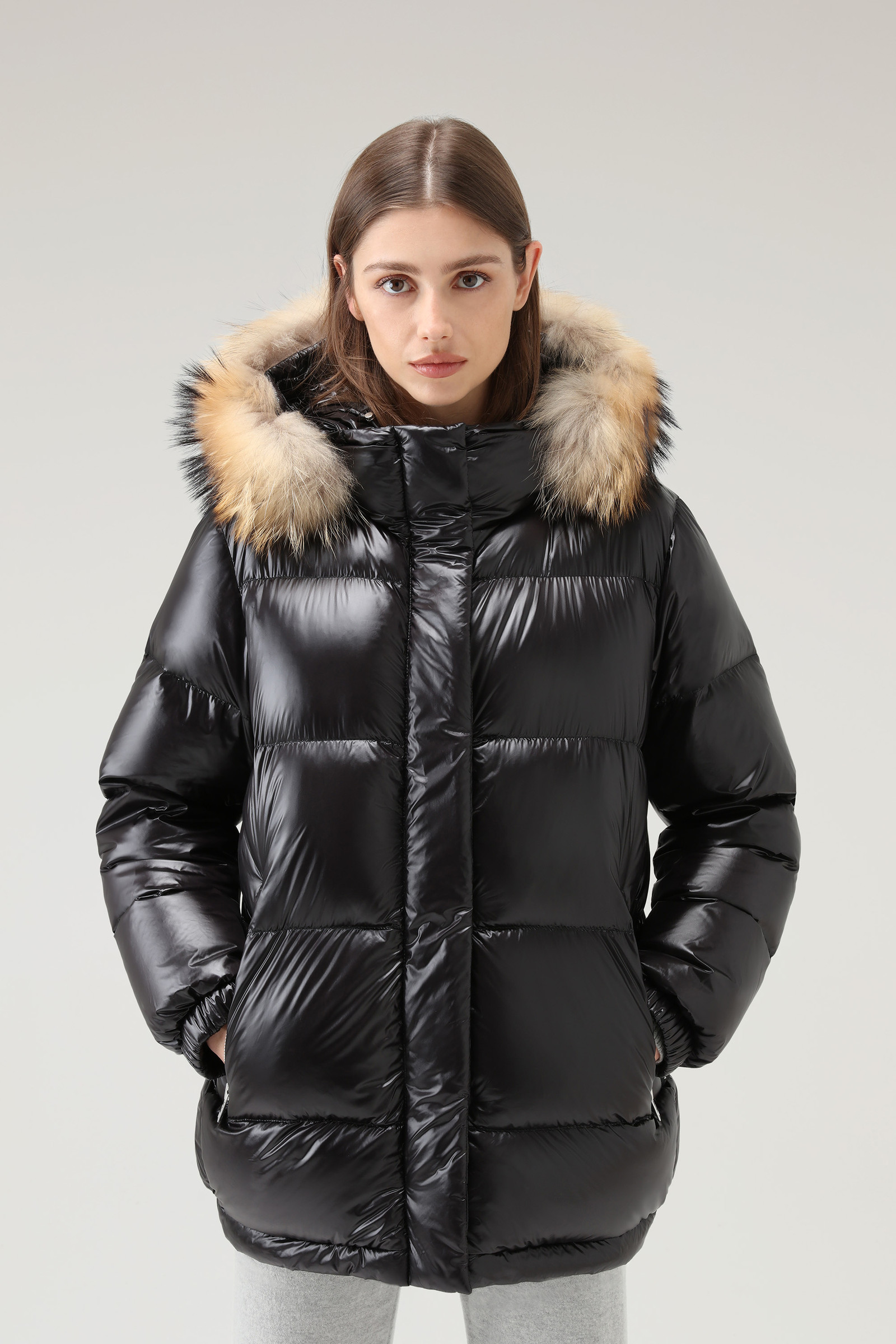 Aliquippa Parka in Glossy Nylon with Detachable Fur Trim Black | Woolrich