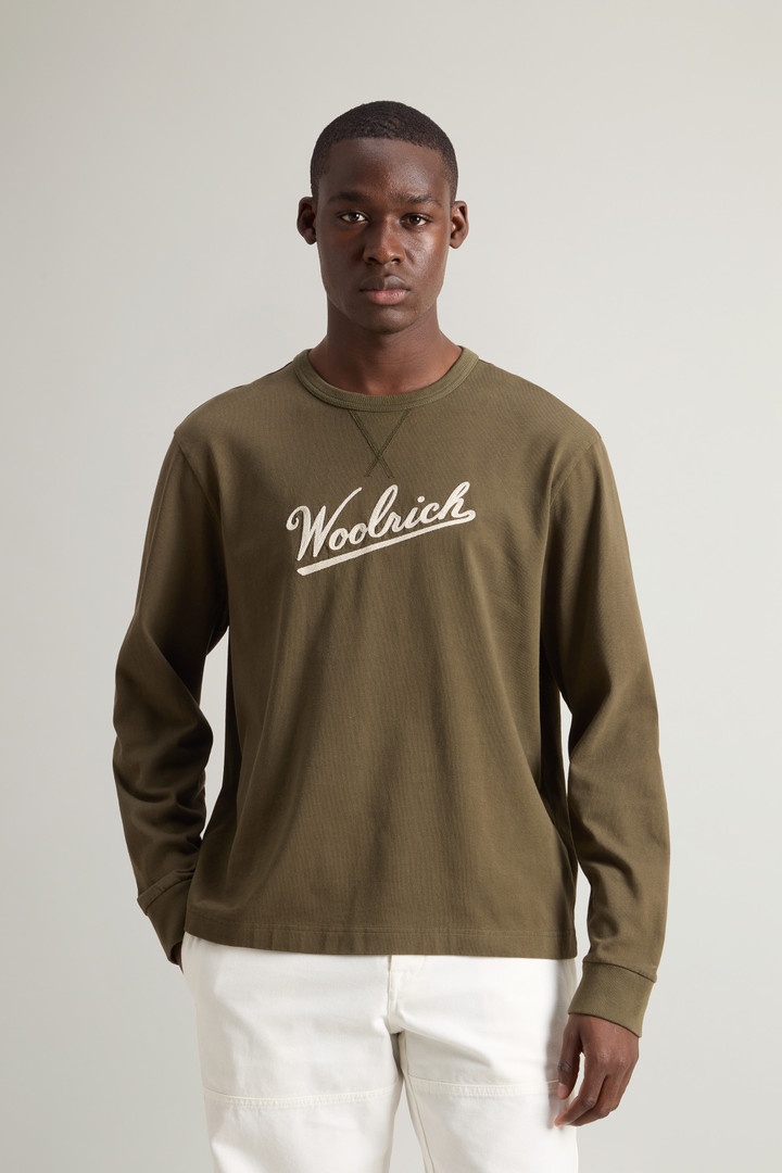 Woolrich Man Pure Cotton Long-Sleeved T-Shirt with Embroidered Logo Green Size L