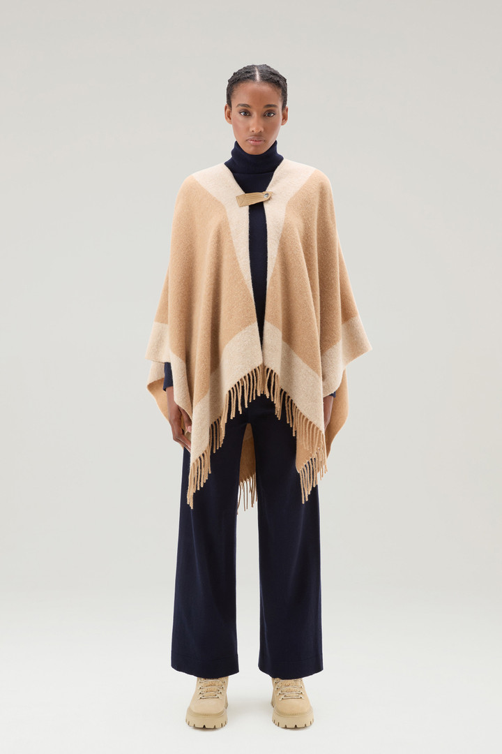 Wool Blend Cape with Contrasting Details - Women - Beige