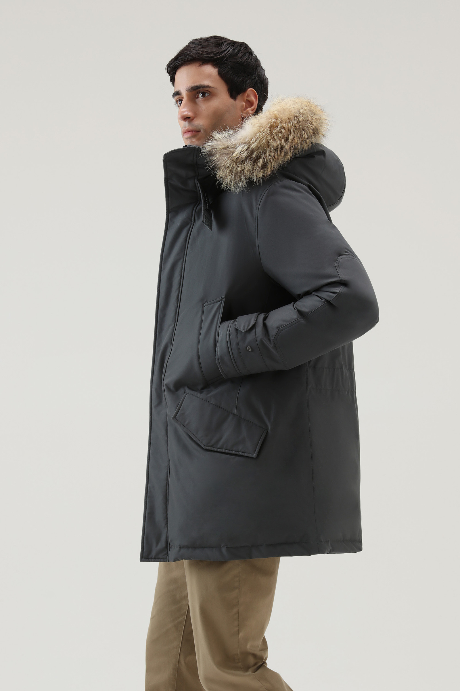 Polar Parka in Ramar Cloth with High Collar and Fur Trim Grey