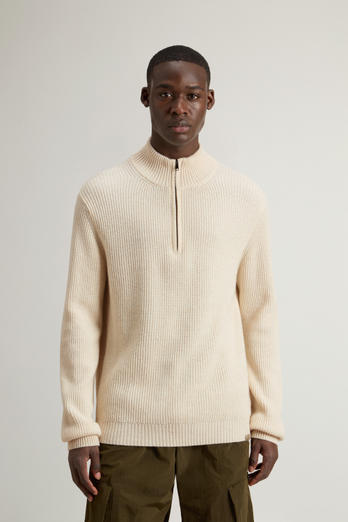Half-Zipper Turtleneck Sweater in Wool and Cashmere Blend Beige | Woolrich