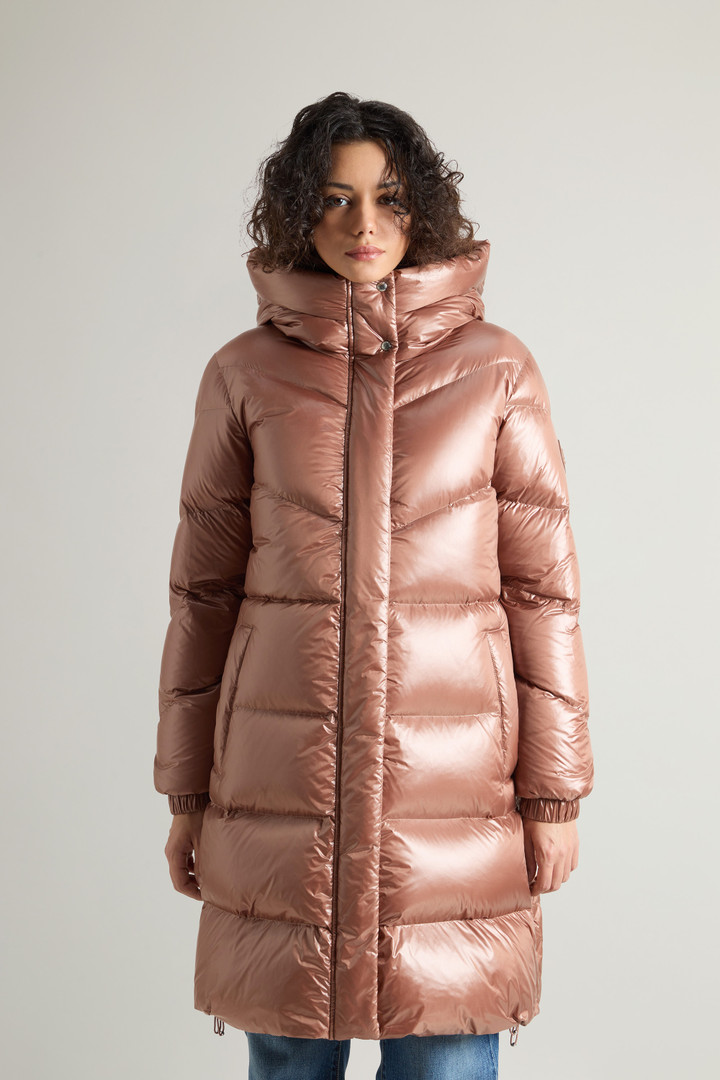 Aliquippa Long Down Jacket in Glossy Nylon Brown photo 1 | Woolrich