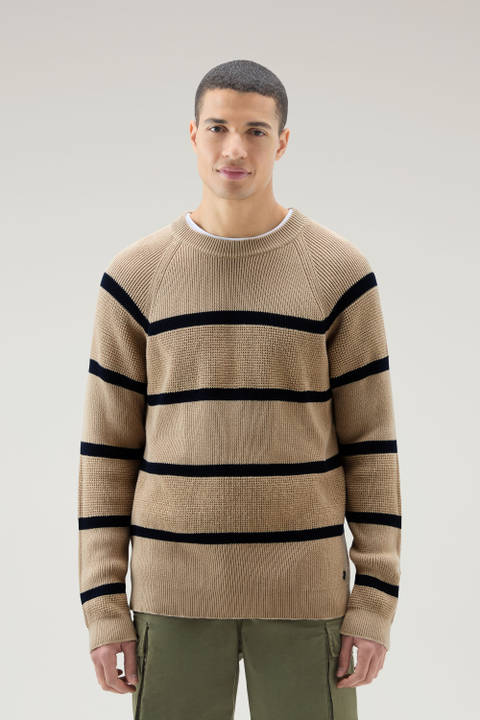 Striped Crewneck Sweater in Pure Cotton Beige | Woolrich