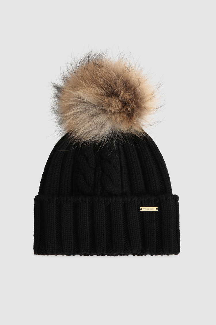 Bonnet en laine vierge avec pompon en raton laveur