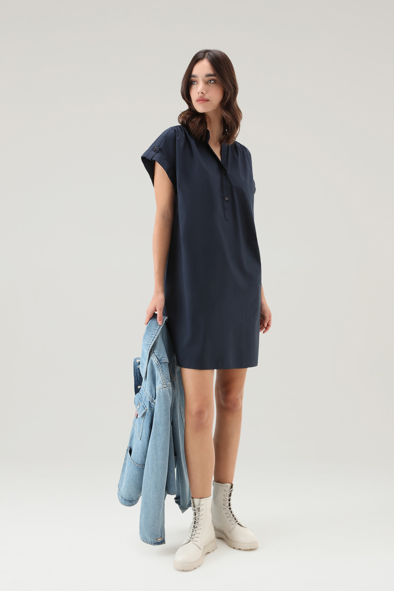 Short Dress in Pure Cotton Poplin with Gathered Details Blue photo 2 | Woolrich