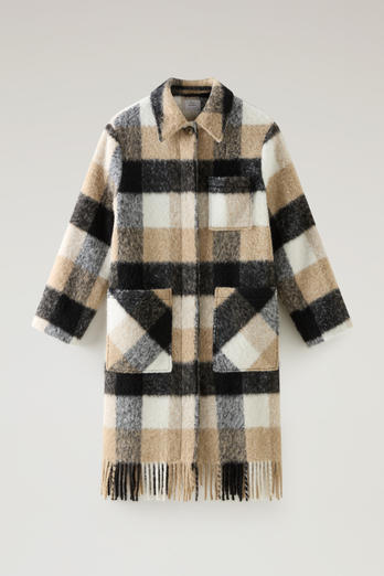 Long Check Overshirt wth Fringed Trim in Alpaca and Wool Blend Beige | Woolrich
