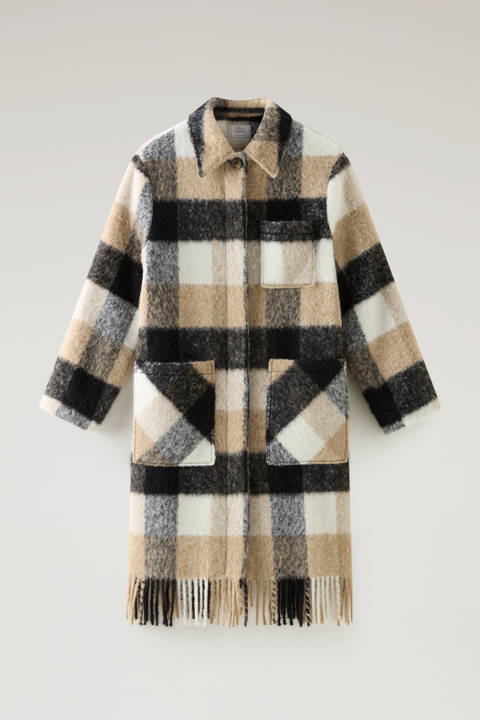 Long Check Overshirt wth Fringed Trim in Alpaca and Wool Blend Beige photo 2 | Woolrich
