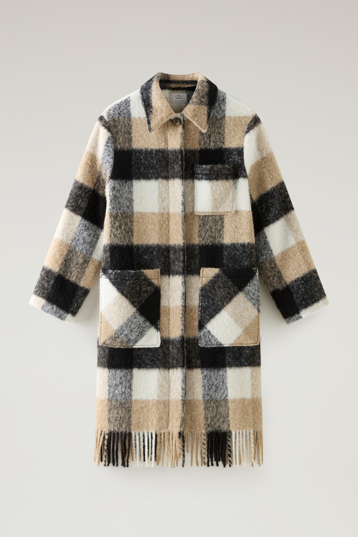 Long Check Overshirt wth Fringed Trim in Alpaca and Wool Blend Beige photo 1 | Woolrich