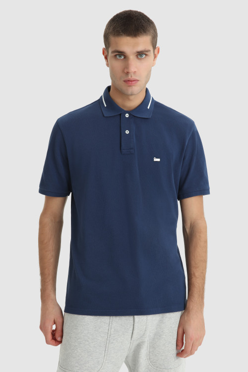 Polo in puro cotone con logo vintage sul colletto blu | Woolrich