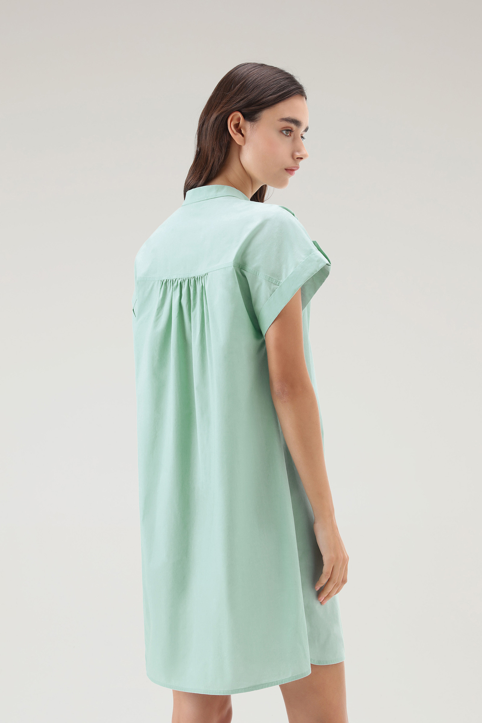 Short Dress in Pure Cotton Poplin with Gathered Details Green photo 3 | Woolrich