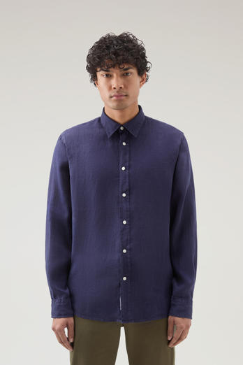 Garment-Dyed Pure Linen Shirt Blue | Woolrich