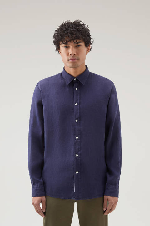 Garment-Dyed Pure Linen Shirt Blue | Woolrich