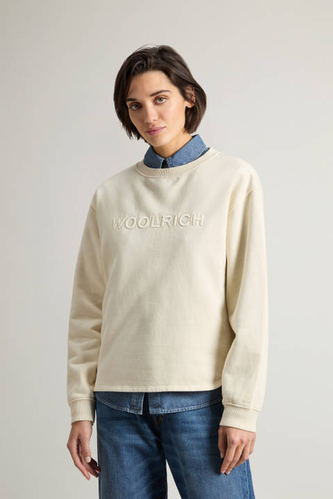 Sweat-shirt à col rond en pur coton avec lettrage brodé sur la poitrine Blanc | Woolrich