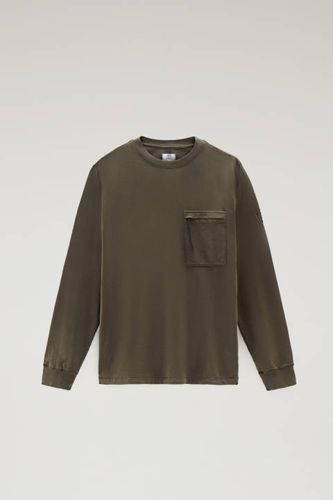 Sweat-shirt à col rond en pur coton muni d’une poche zippée Vert | Woolrich