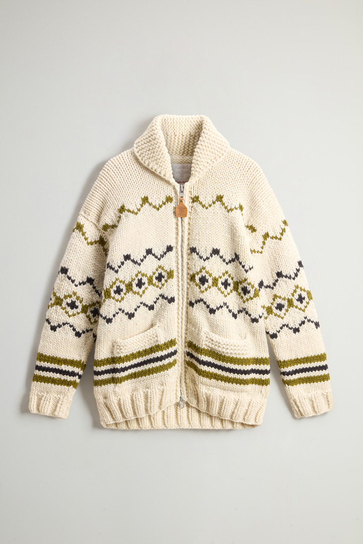 Woolrich Unisex Unisex Cowichan Cardigan in Pure Wool with Contrasting Pattern White Size XL