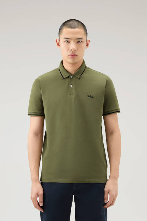 Monterey Polo Shirt in Stretch Cotton Piquet with Striped Edges Green | Woolrich
