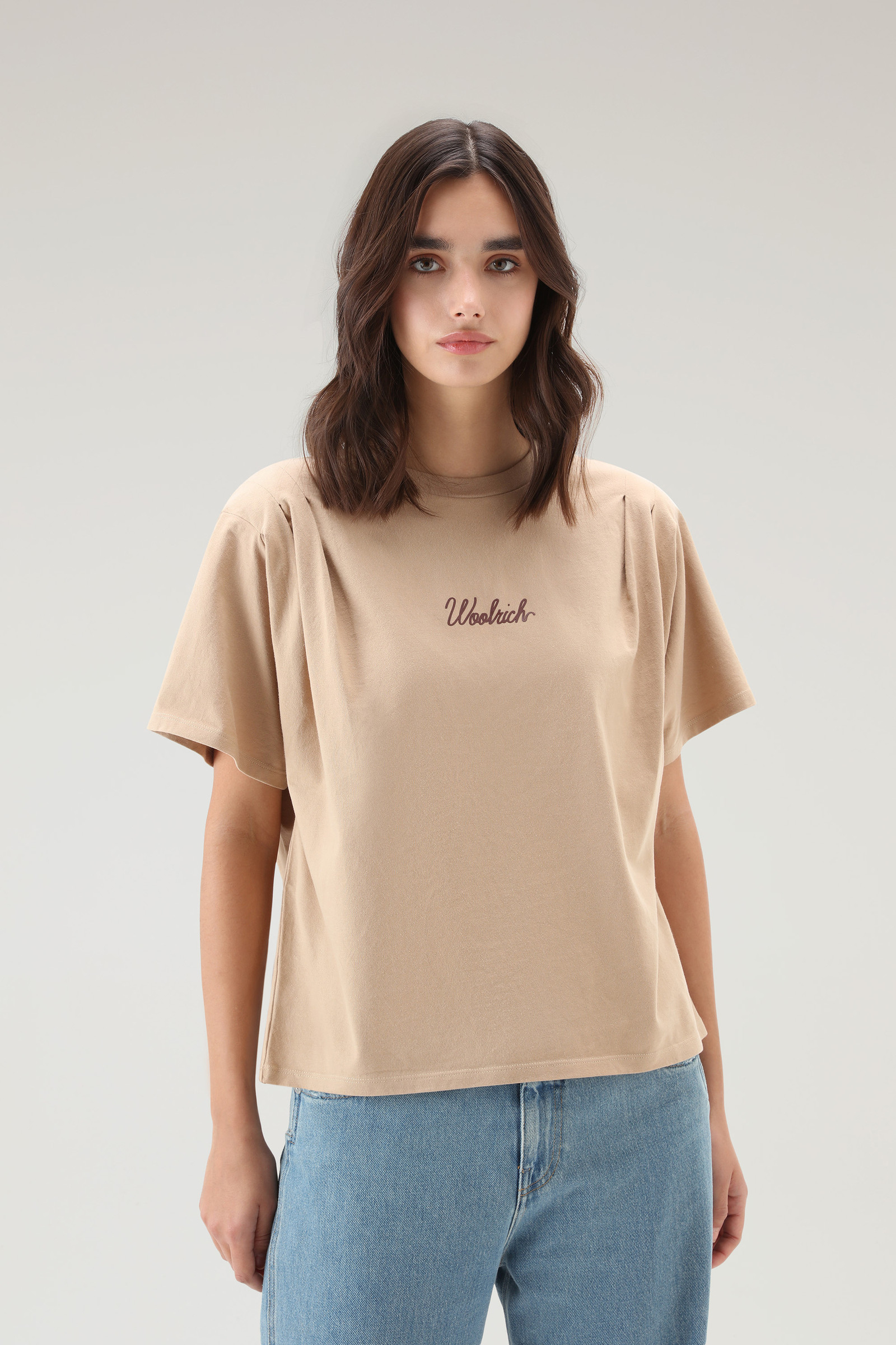 T-shirt in puro cotone con pieghe sulle spalle beige | Woolrich