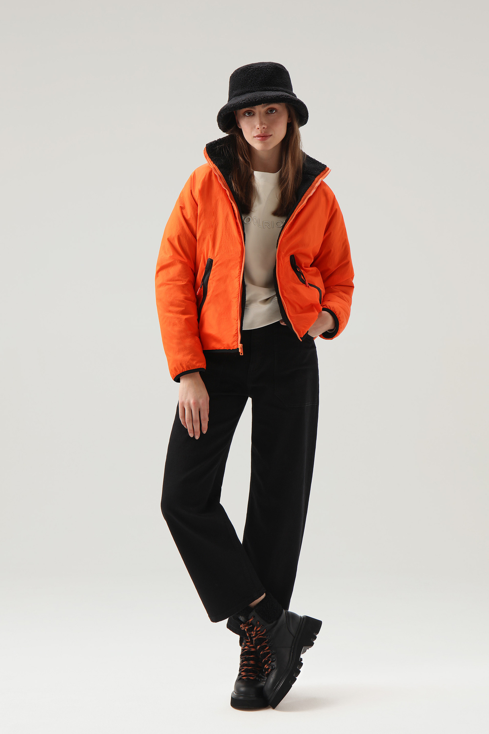 Women's Reversible Jacket in Sherpa Wool and Crinkle Nylon Black ...