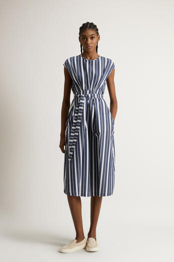 STRIPED COTTON BELTED DRESS Blu | Woolrich