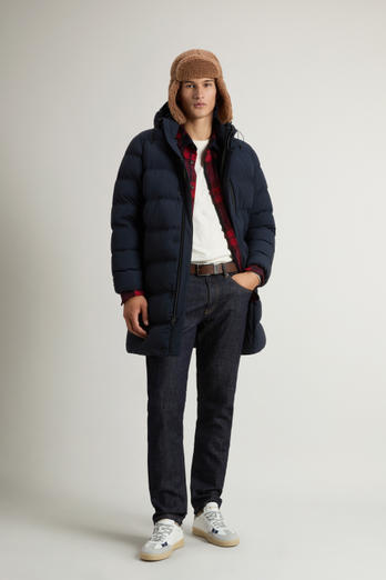 Long Down Jacket in Stretch Nylon with Matte Finish Blue | Woolrich