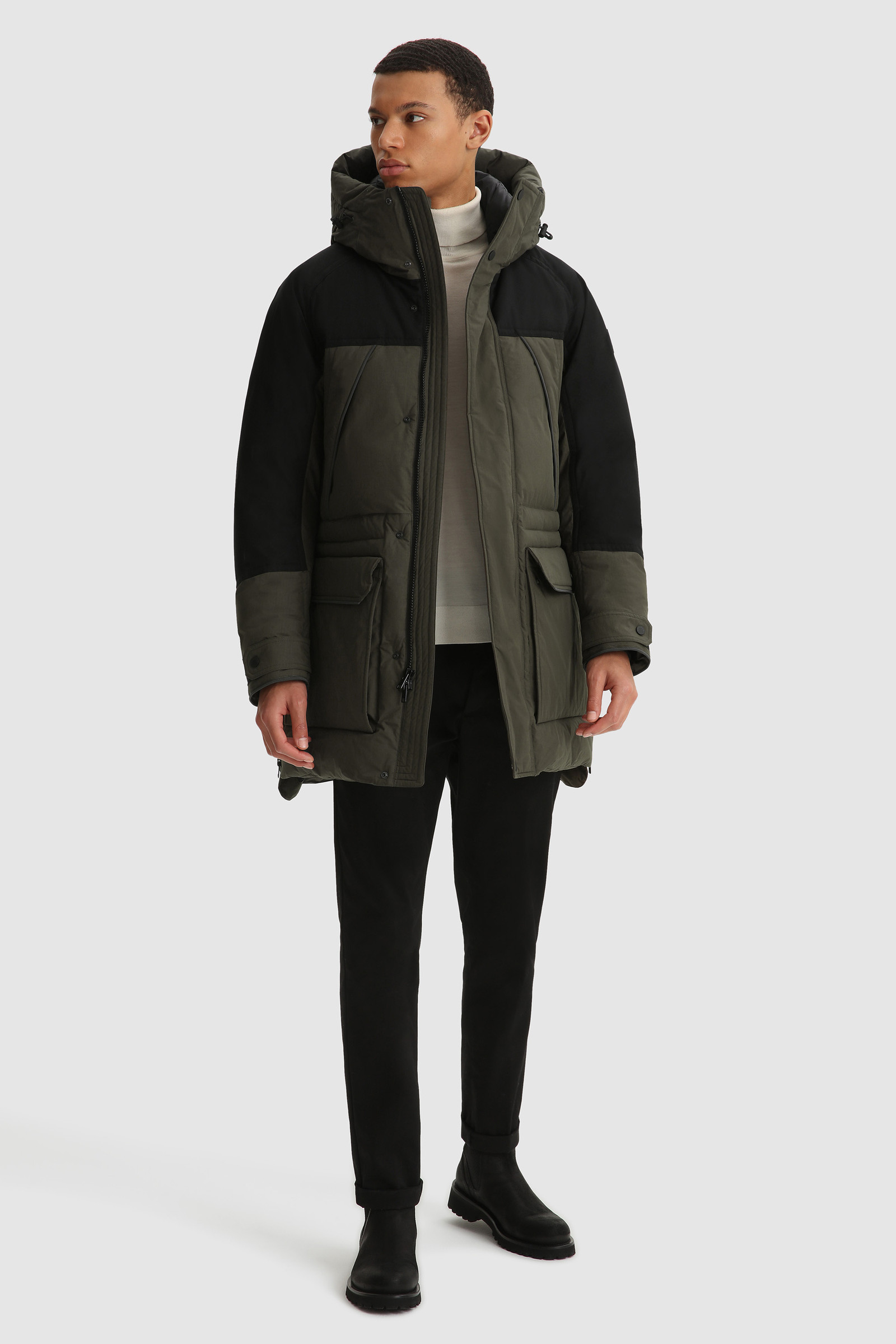 green padded parka coat