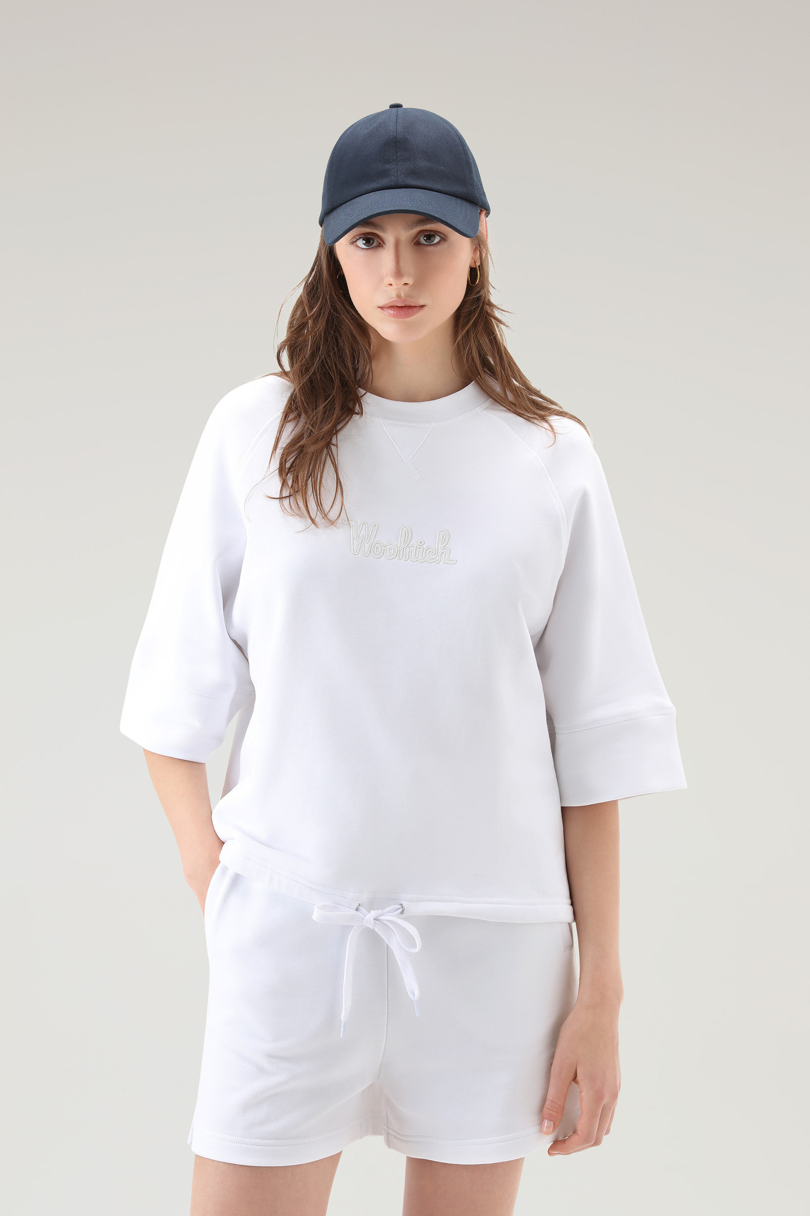 Sweat-shirt en pur coton avec manches trois-quarts blanc | Woolrich