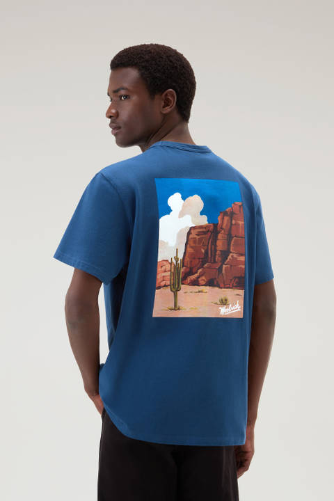 T-Shirt in Pure Cotton with Western Graphic On The Back Blue | Woolrich