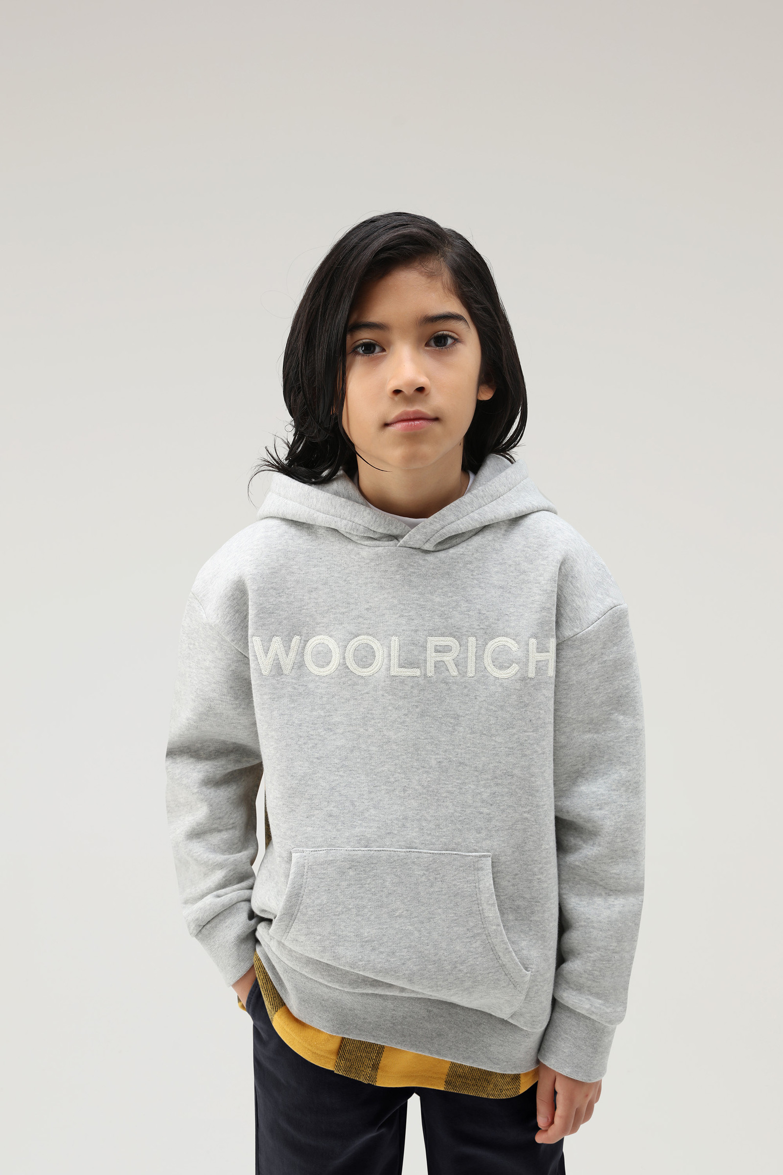 Jungenkapuzenpulli mit Logo und Buffalo-Karomuster auf der Rückseite gelb | Woolrich