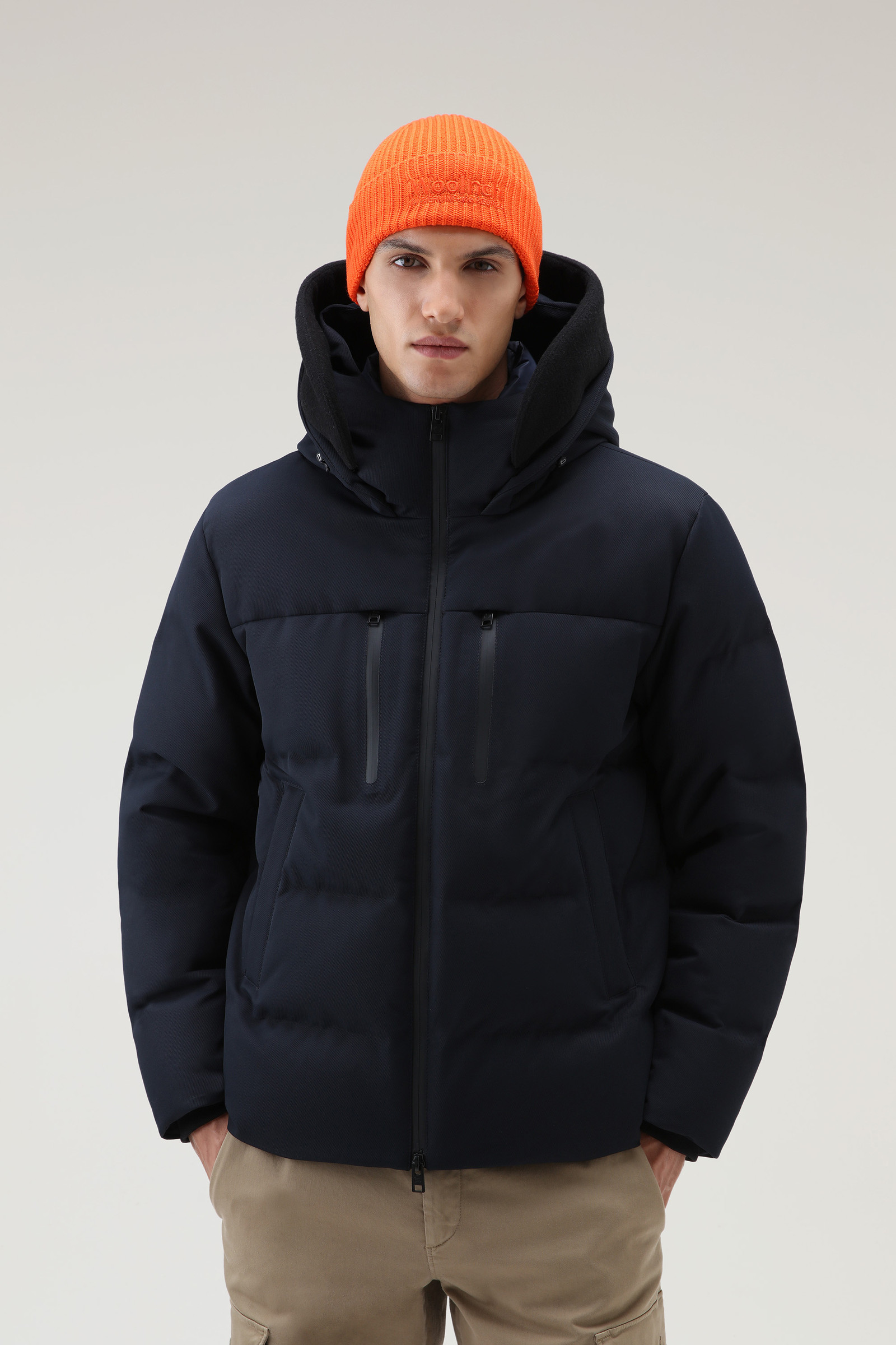 Men's Down Jacket with Detachable Logo Wool Visor Blue | Woolrich USA