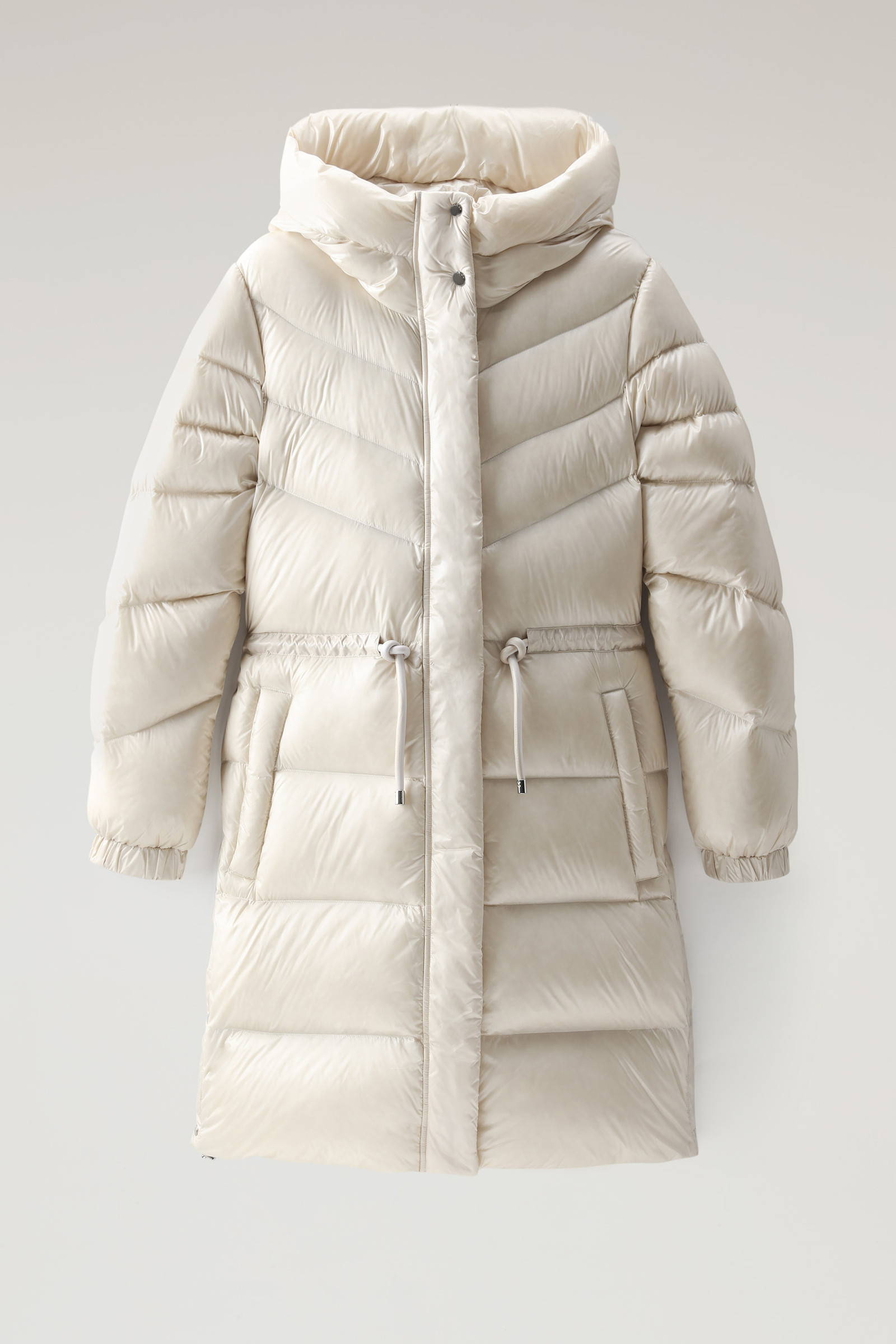 Aliquippa Silky Long Down Jacket with a Drawstring Waist - Women - White