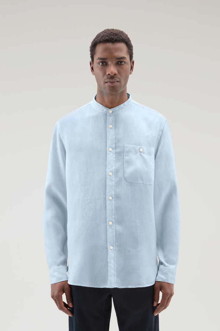 Woolrich Men Garment-dyed Shirt with Mandarin Collar in Pure Linen Blue Size S