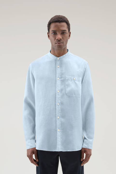 Garment-dyed Shirt with Mandarin Collar in Pure Linen Blue | Woolrich