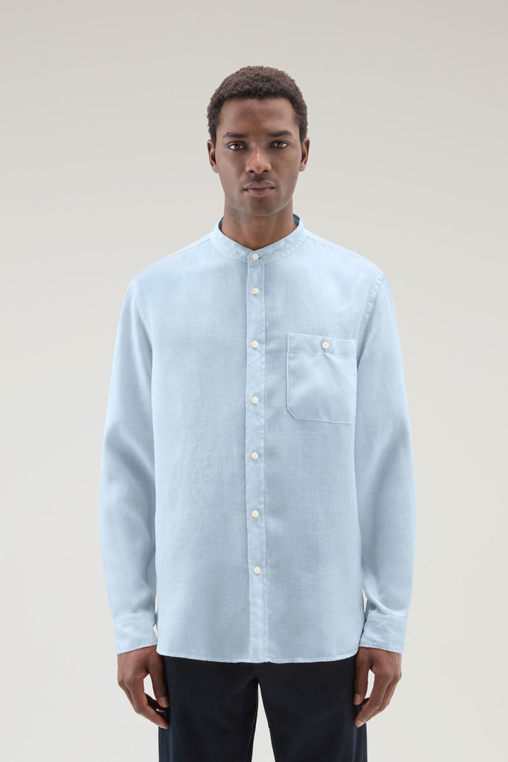 Garment-dyed Shirt with Mandarin Collar in Pure Linen Blue photo 1 | Woolrich