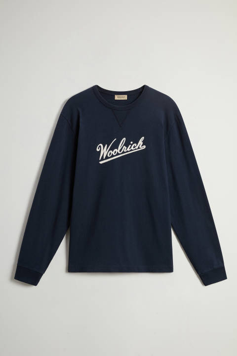 Pure Cotton Long-Sleeved T-Shirt with Embroidered Logo Blue photo 2 | Woolrich