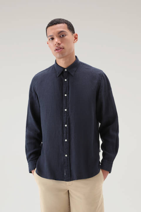 Garment-Dyed Pure Linen Shirt Blue | Woolrich