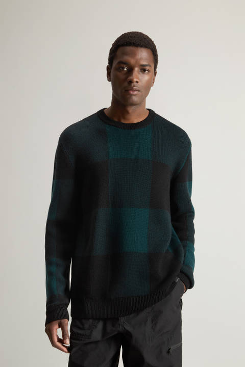 Pull à col rond en pure laine vierge Mérinos à carreaux Vert | Woolrich