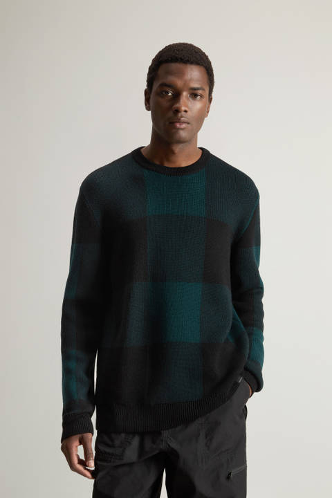 Checked Crewneck Sweater in Pure Merino Virgin Wool Green | Woolrich